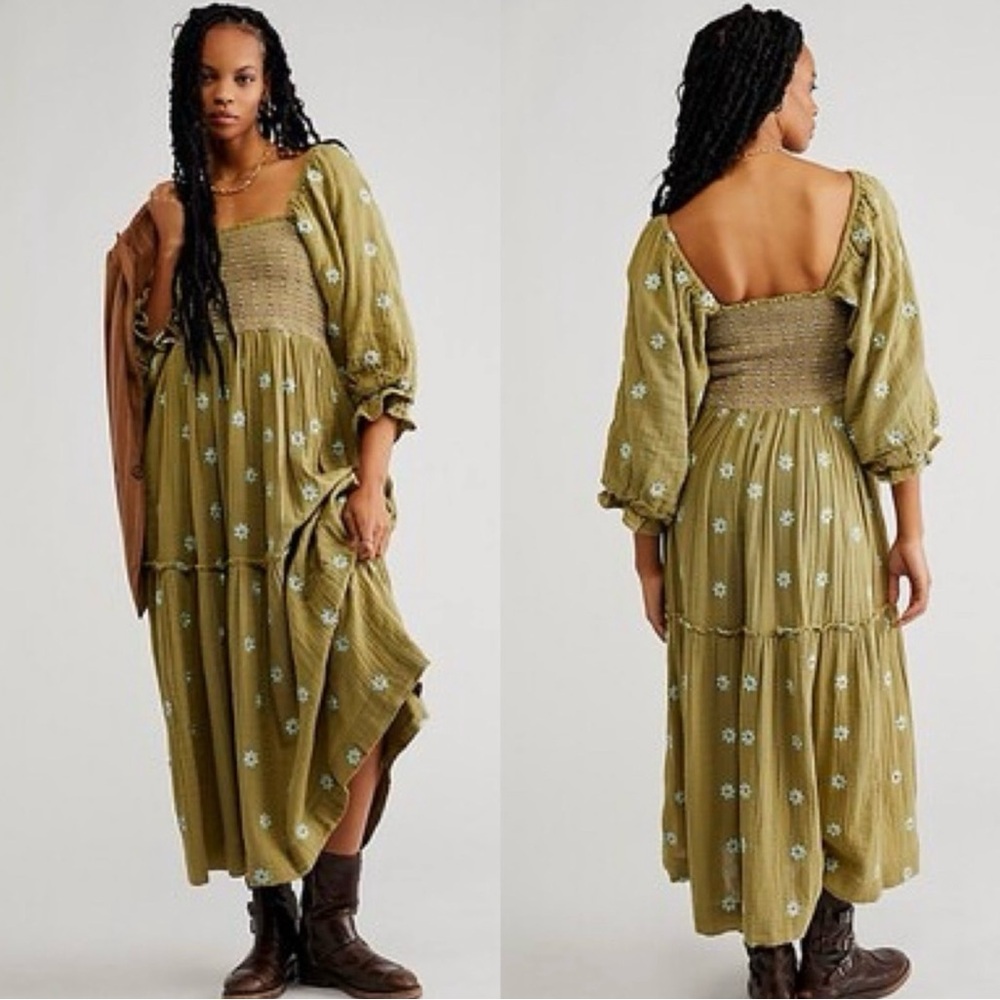 Free People Olive Green Tiered Midi Dress with Daisy Print